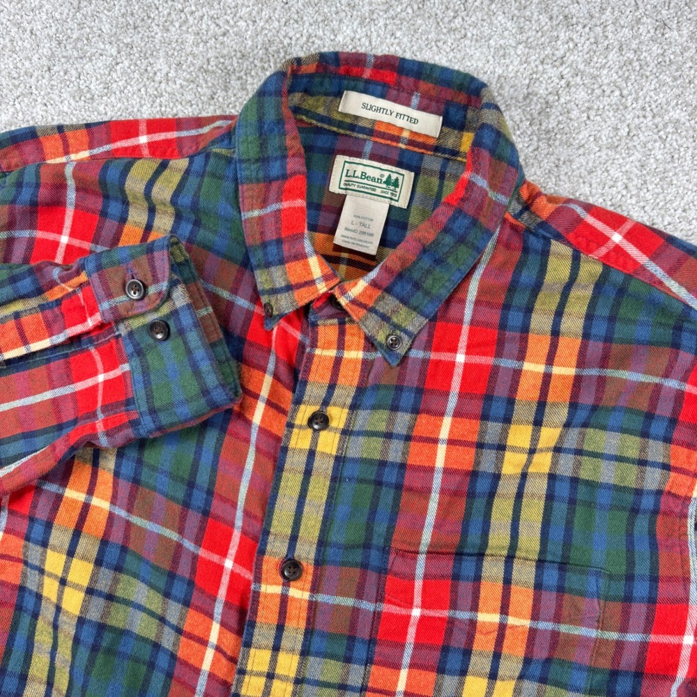 L.L. Bean Flannel Shirt Mens L-Tall Multicolor Plaid Slightly Fitted Cotton
